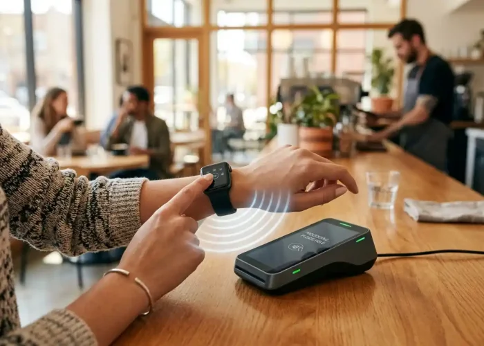tap-to-pay waves between smartwatch and terminal