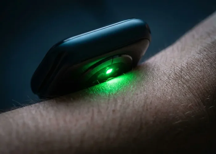 underside of a smartwatch pressed against a wrist